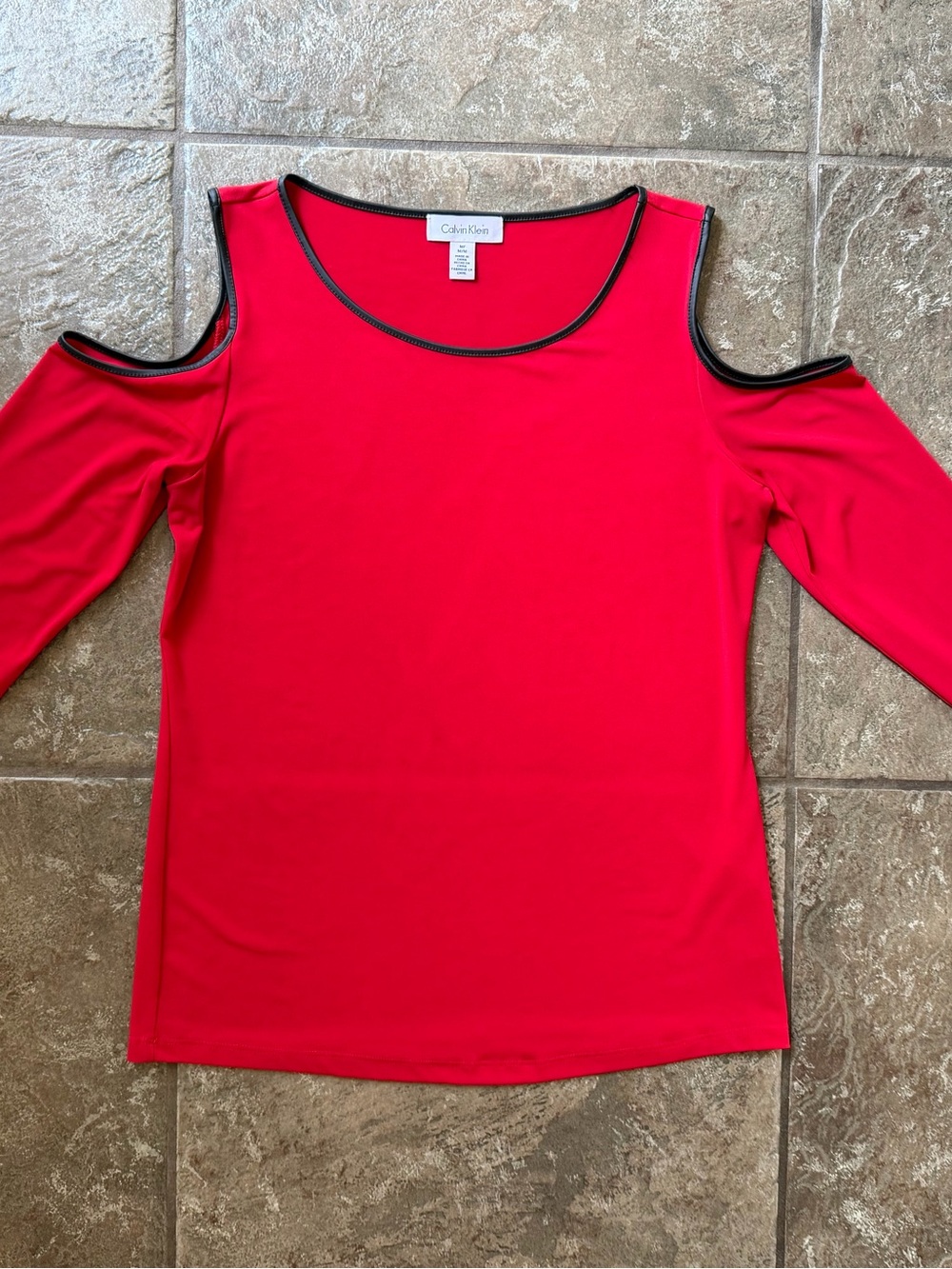 Calvin Klein Red Cold-Shoulder Top Black Faux Leather Trim Long Sleeve